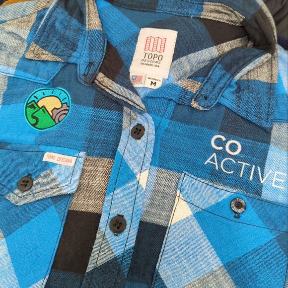 Topo Designs Womens Plaid Work Shirt Blue SM Flannel Camp Long Sleeve Patch - Picture 3 of 6